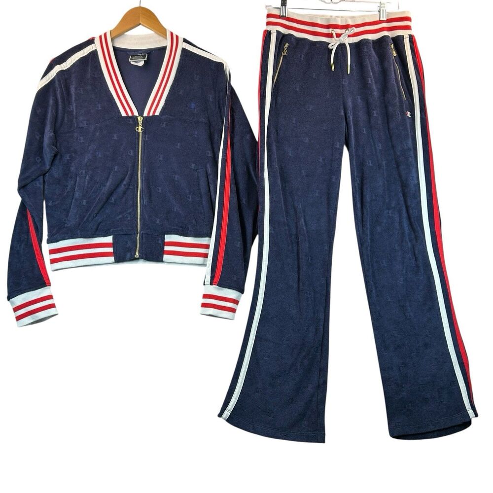 Champion Life Terry Cloth Warm Up Jacket Pants Womens Sz M Navy Red White Stripe